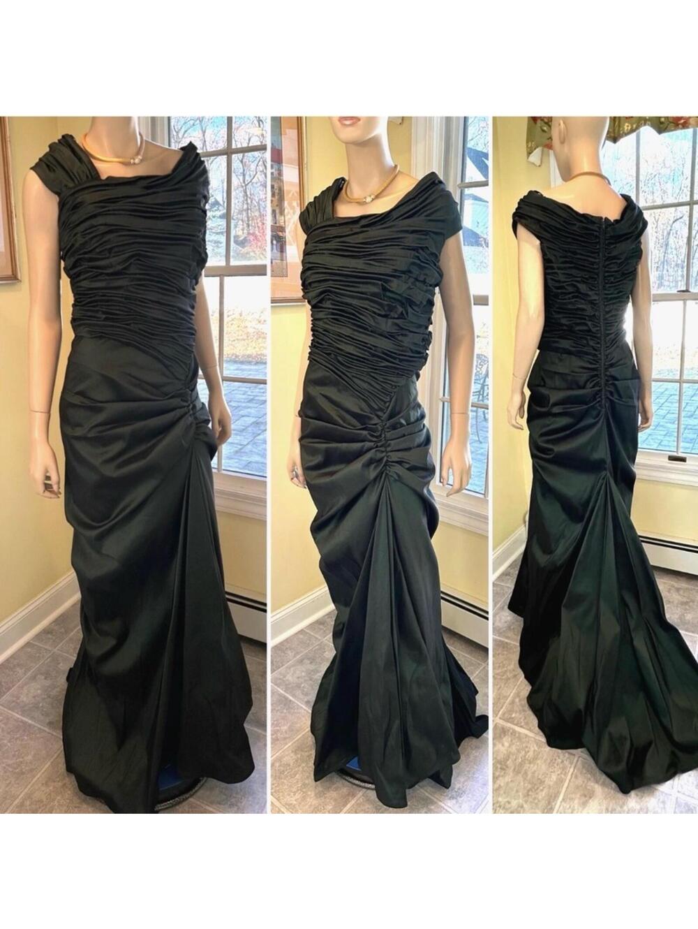 Tadashi Shoji Silk Taffeta One-Shoulder Dark Green Ruched Gown
